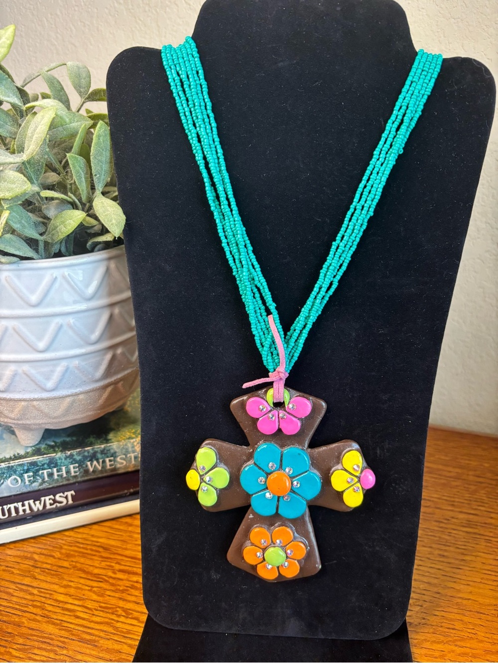 Turquoise Beaded Necklace with Colorful Floral Cross Pendant
